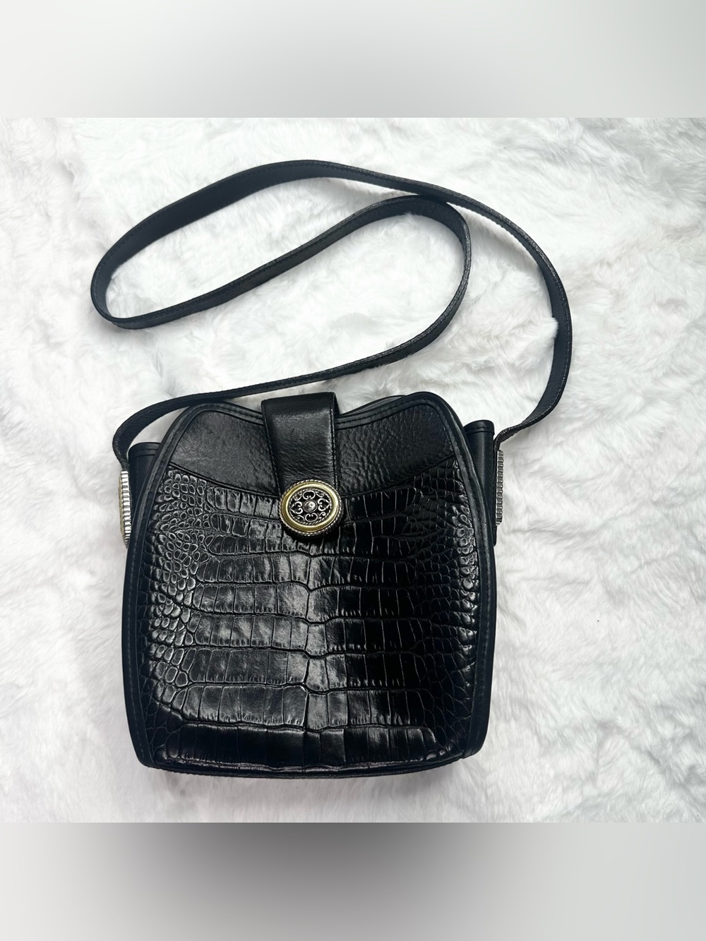*BRIGHTON* VTG Black Croc Embossed Leather Shoulder Tote Crossbody Bag